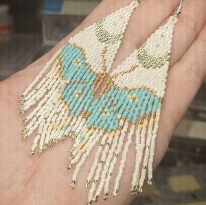 Handmade Aqua Luna Butterfly Beaded Fringe Earrings